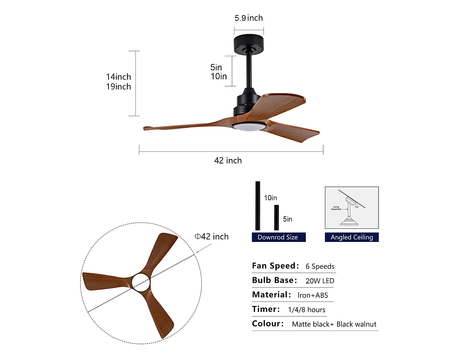 Ventilateur de plafond avec lumière LED intensité variable - Couleur noyer, pour intérieur et extérieur