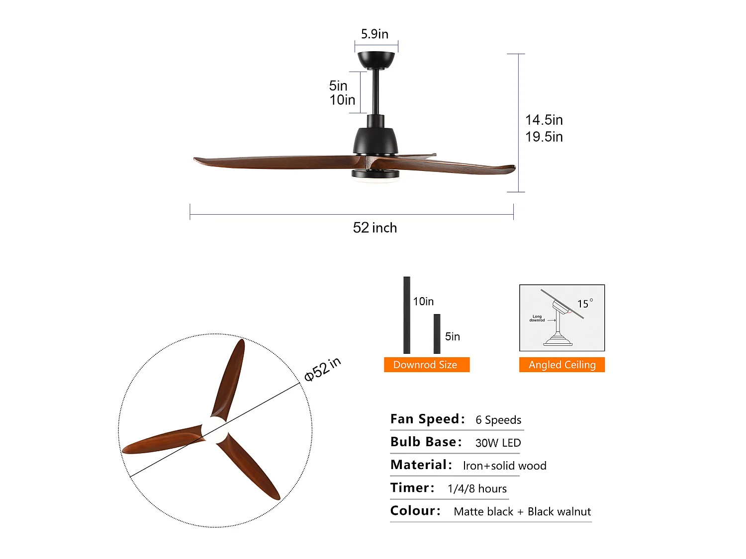 Ventilateur de plafond avec éclairage 30 W, télécommande, 3 températures de couleur, minuterie 6 vitesses