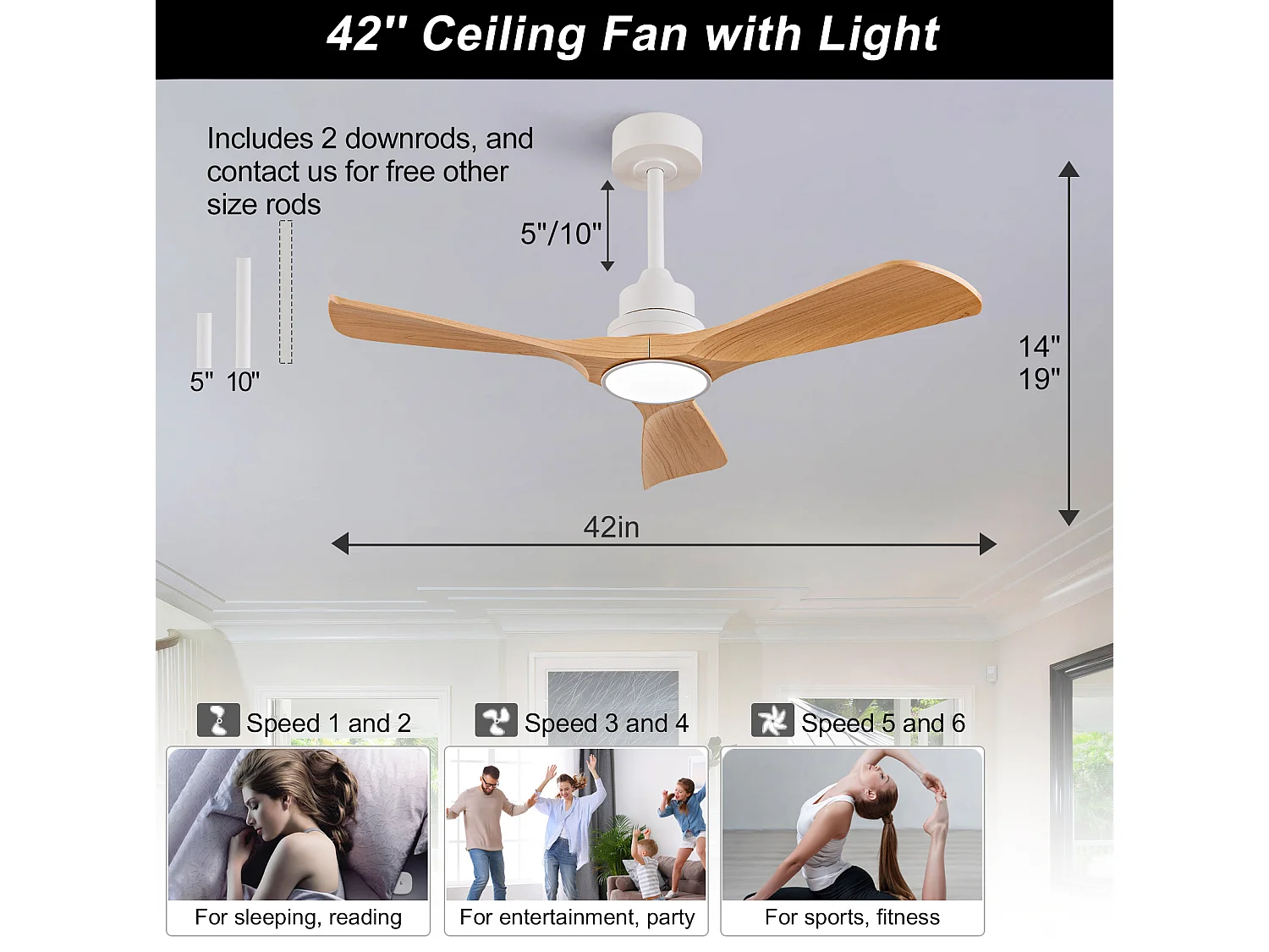 Ventilateur de plafond avec lumière LED intensité variable - Naturel clair, pour intérieur et extérieur