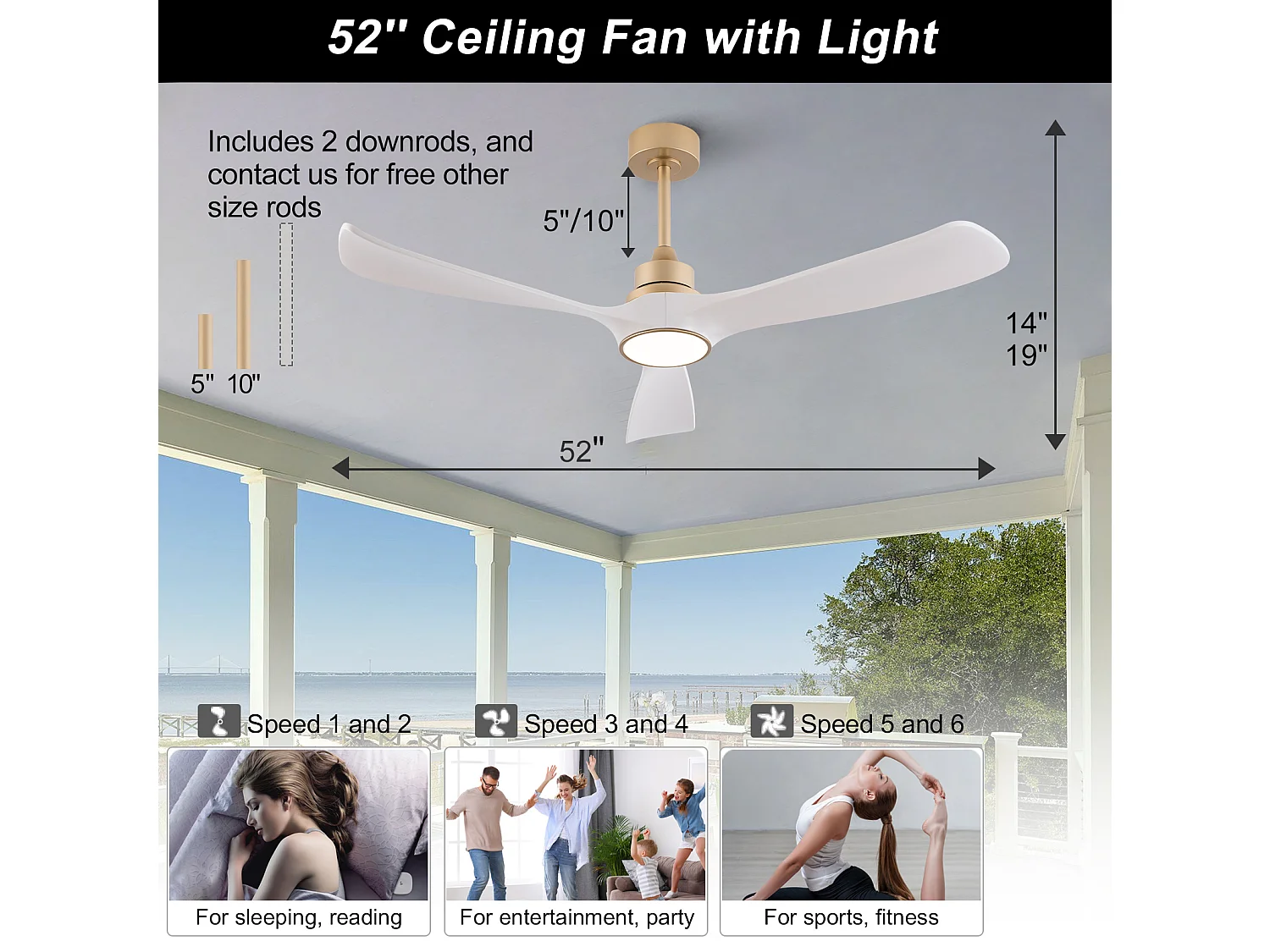 Ventilateur de plafond blanc et doré avec lumière, moteur CC réversible silencieux - Pour intérieur et extérieur