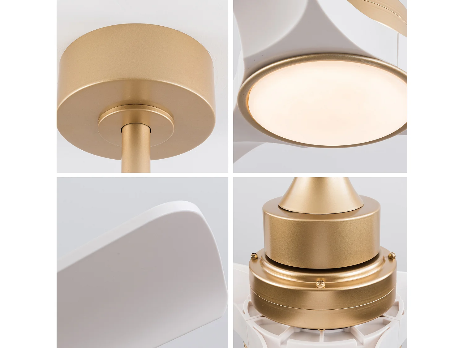 Ventilateur de plafond blanc et doré avec lumière, moteur CC réversible silencieux - Pour intérieur et extérieur