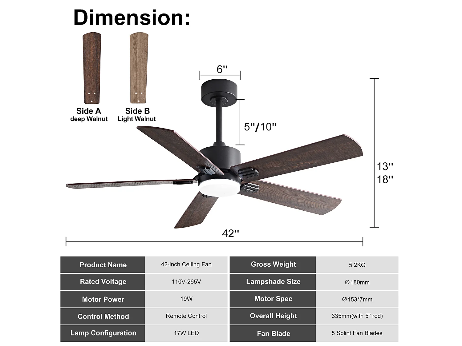 Ventilateur de plafond de 42 pouces avec éclairage, télécommande et moteur silencieux