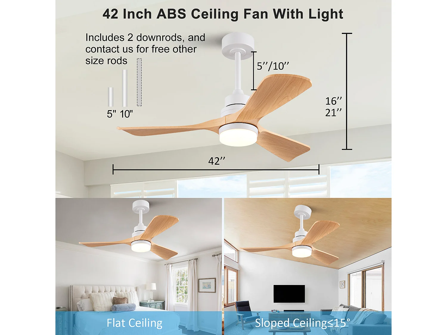 Ventilateur de plafond 107 cm avec lumière , 6 vitesses et minuteur à 3 vitesses - Naturel clair