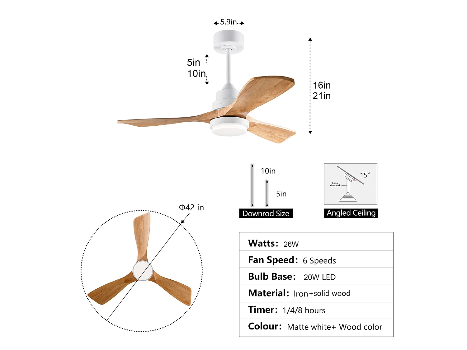 Ventilateur de plafond blanc de 107 cm avec éclairage , minuterie à 6 vitesses et fonction réversible