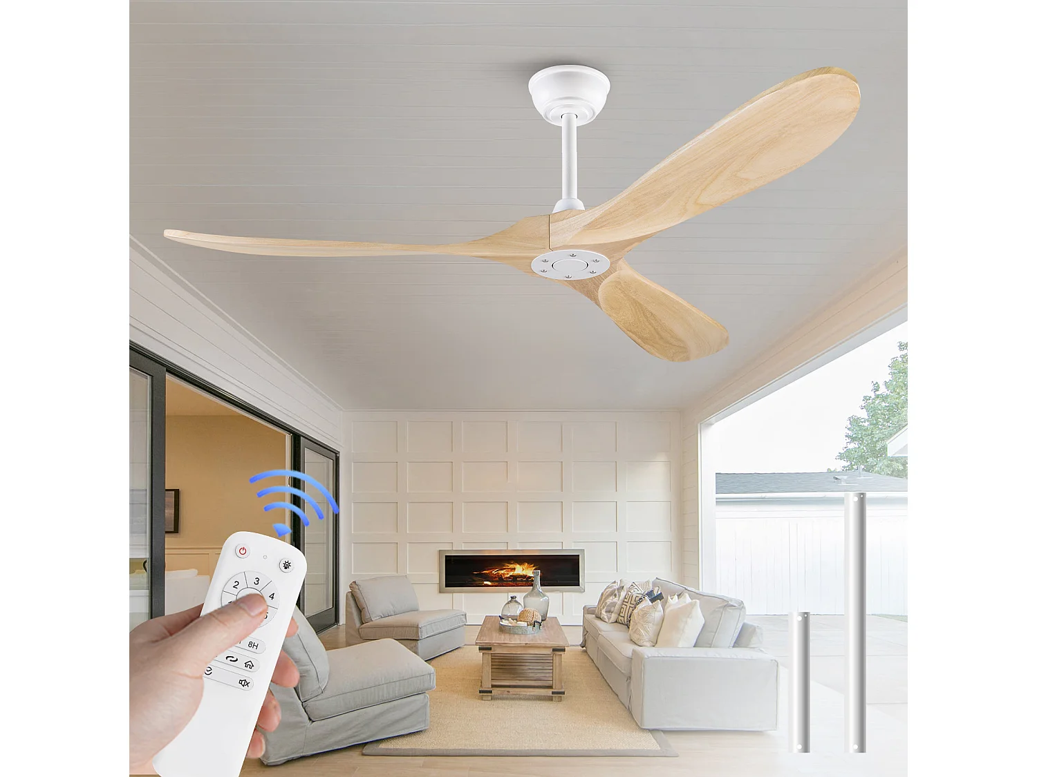Ventilateur de plafond de 60 pouce sans lumière avec fonction de minuterie 1/4/8h - Naturel et blanc