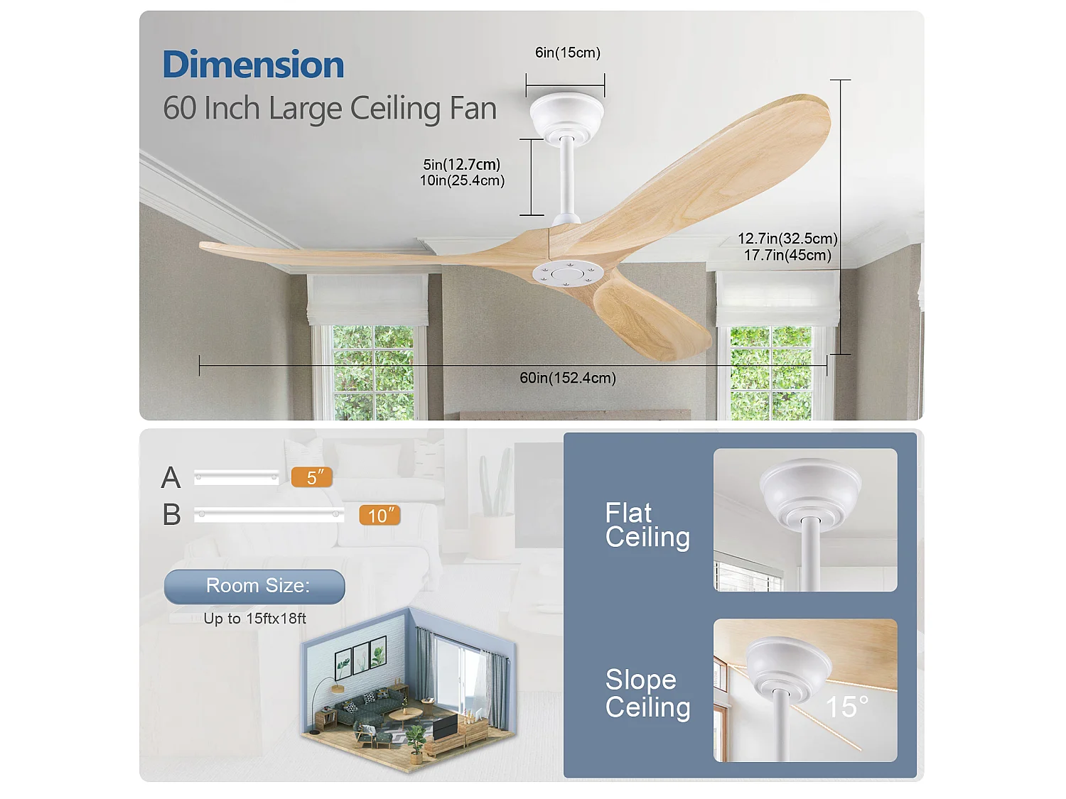 Ventilateur de plafond de 60 pouce sans lumière avec fonction de minuterie 1/4/8h - Naturel et blanc