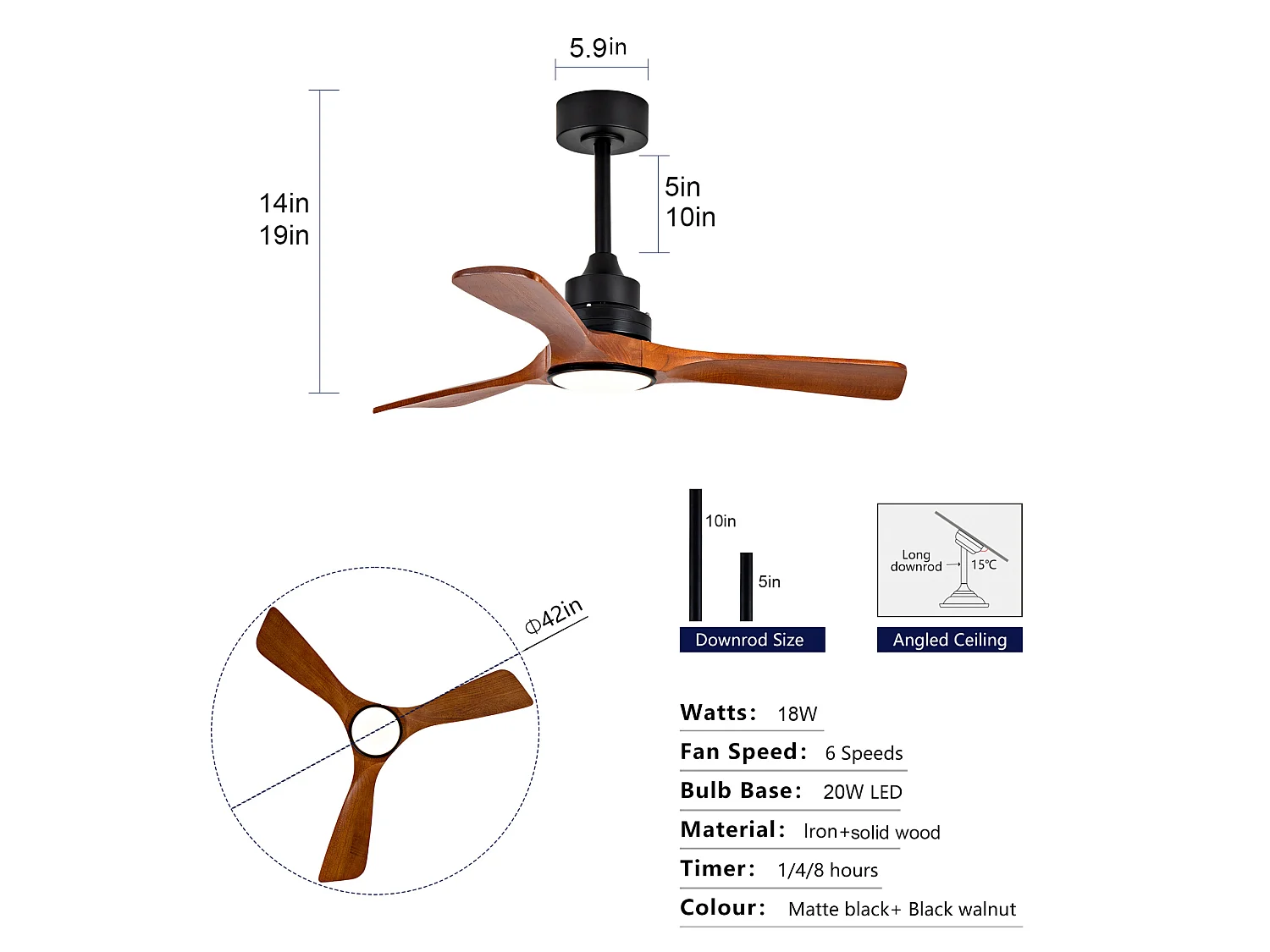 Ventilateur de plafond de 42" avec éclairage, télécommande et silencieux - Pour d'été et d'hiver
