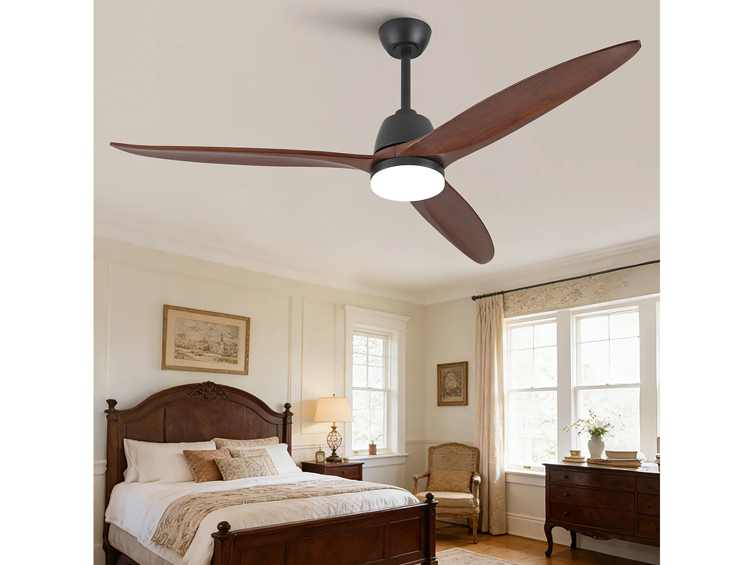 Ventilador de techo moderno de 152 cm con intensidad de luz regulable, 3 aspas, 6 velocidades, para el salón.