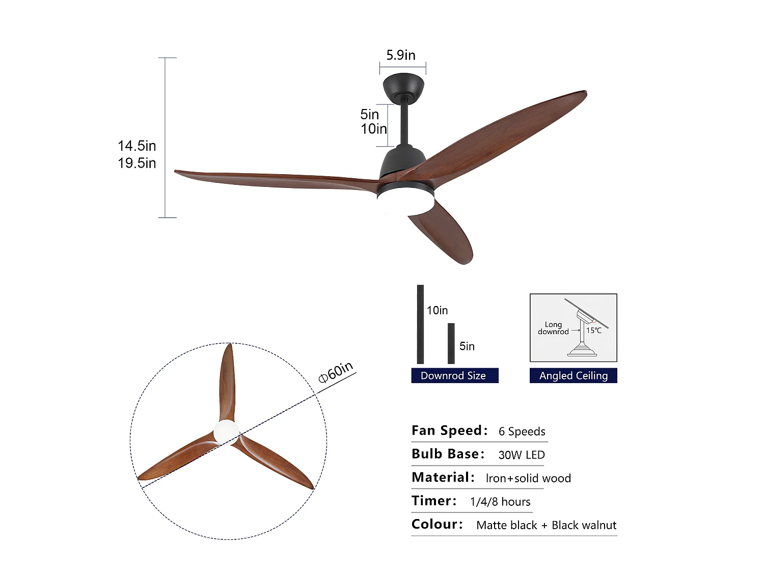 Ventilador de techo moderno de 152 cm con intensidad de luz regulable, 3 aspas, 6 velocidades, para el salón.