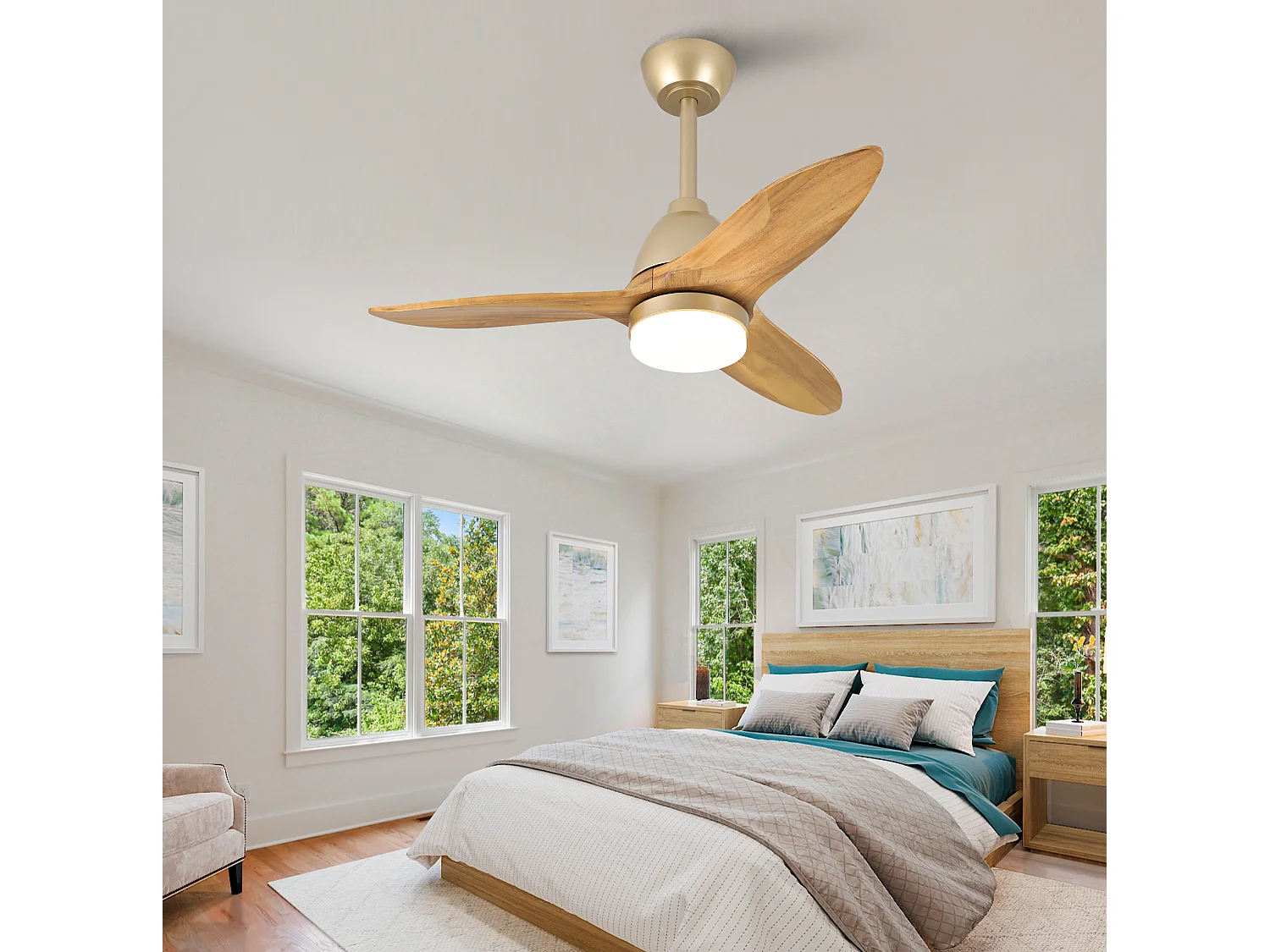 Ventilateur de plafond couleur bois de 91 cm avec pales en bois - Intensité lumineuse réglable sur 3 couleurs