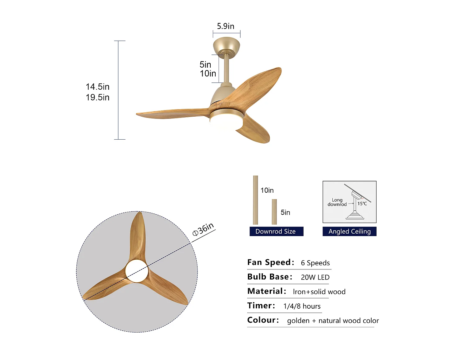 Ventilateur de plafond couleur bois de 91 cm avec pales en bois - Intensité lumineuse réglable sur 3 couleurs