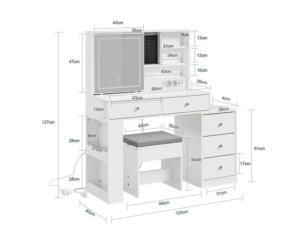 SoBuy Schminktisch mit LED-Spiegel Weiß 120x40x127cm FWT114-E-W