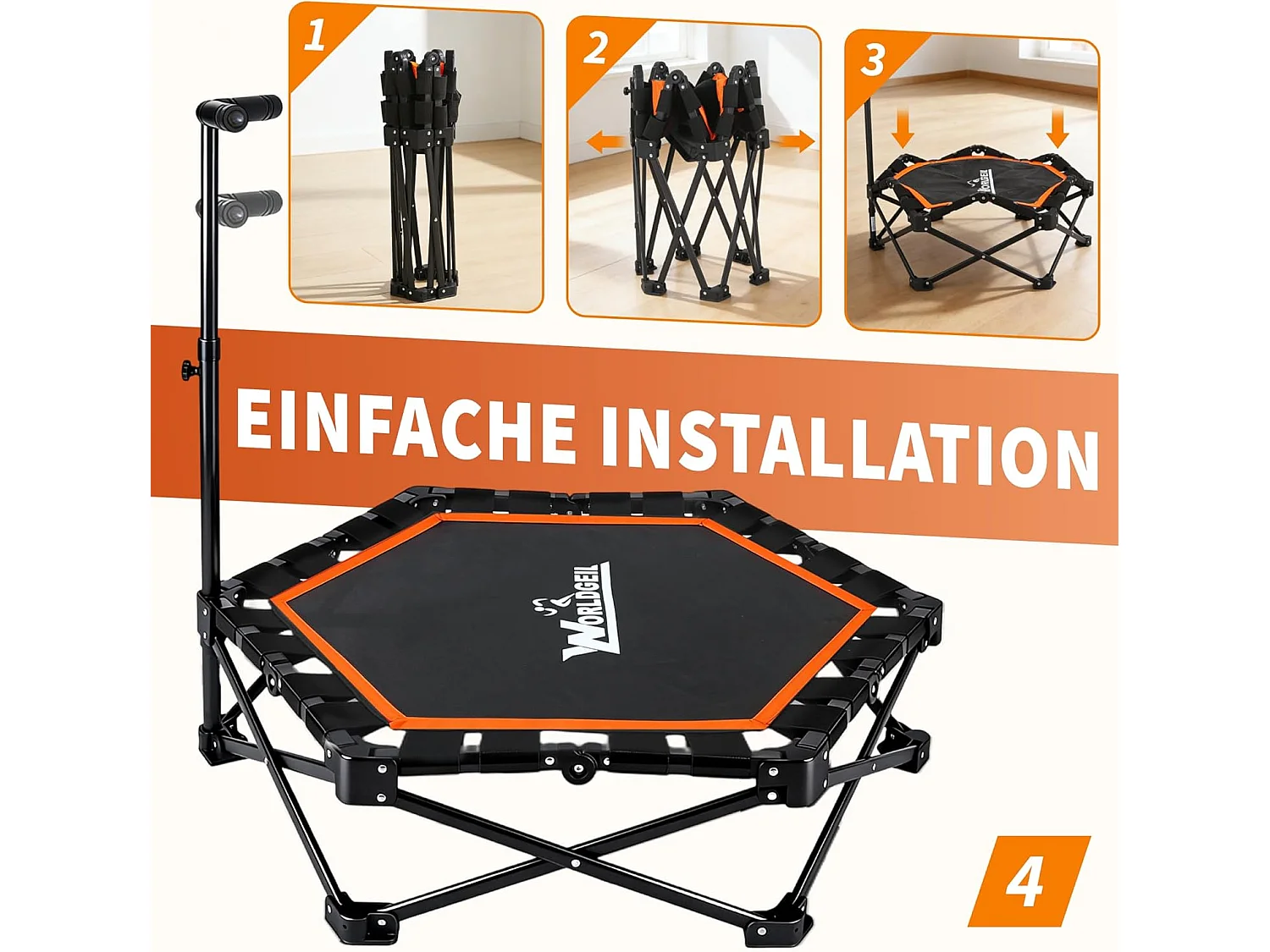 Nettlife Trampoline d'Intérieur Pliable - Mini Trampoline Fitness avec Poignée Réglable - Charge 150 kg - Ø 86.5 cm - Pour Adultes et Enfants - Maison