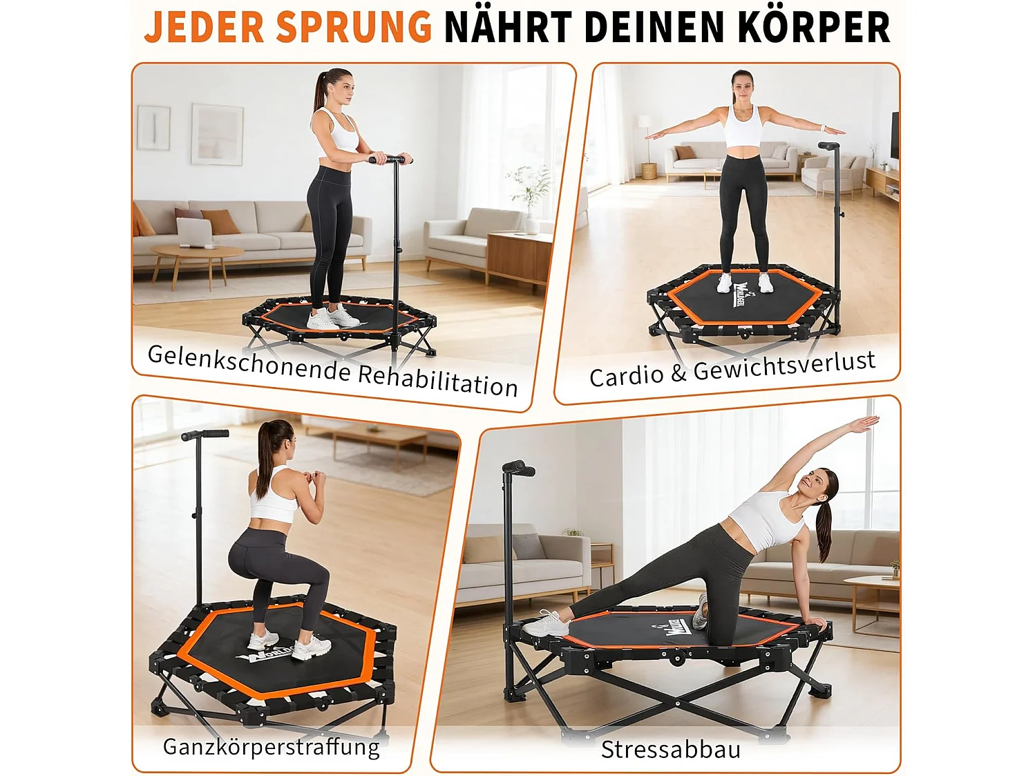 Nettlife Trampoline d'Intérieur Pliable - Mini Trampoline Fitness avec Poignée Réglable - Charge 150 kg - Ø 86.5 cm - Pour Adultes et Enfants - Maison