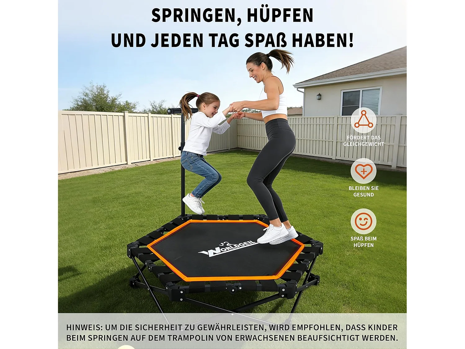 Nettlife Trampoline d'Intérieur Pliable - Mini Trampoline Fitness avec Poignée Réglable - Charge 150 kg - Ø 86.5 cm - Pour Adultes et Enfants - Maison