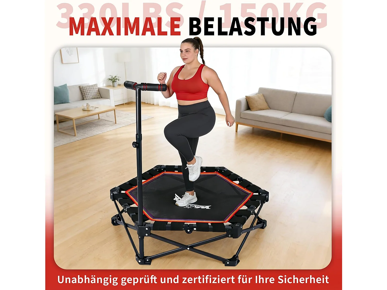 Nettlife Trampoline d'Intérieur Pliable - Mini Trampoline Fitness avec Poignée Réglable - Charge 150 kg - Ø 86.5 cm - Pour Adultes et Enfants - Maison