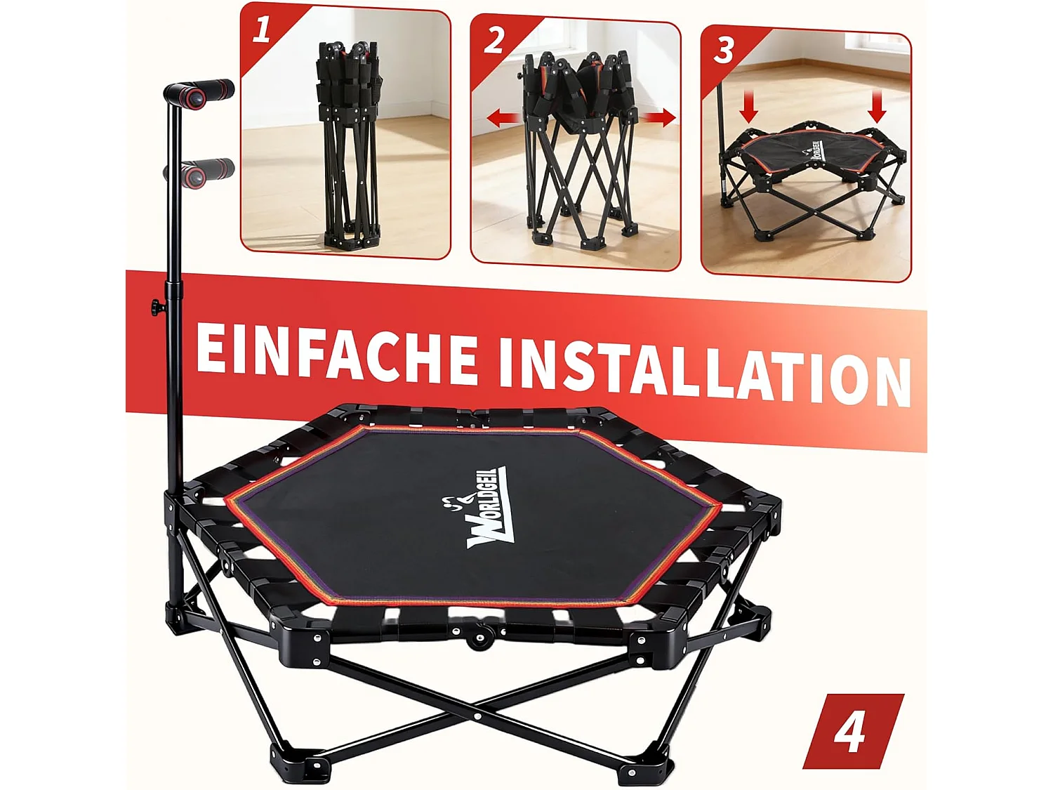 Nettlife Trampoline d'Intérieur Pliable - Mini Trampoline Fitness avec Poignée Réglable - Charge 150 kg - Ø 86.5 cm - Pour Adultes et Enfants - Maison