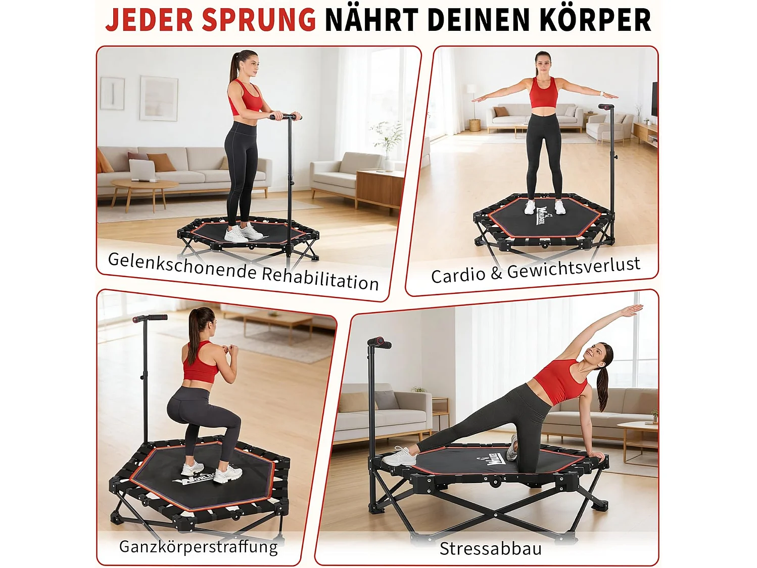 Nettlife Trampoline d'Intérieur Pliable - Mini Trampoline Fitness avec Poignée Réglable - Charge 150 kg - Ø 86.5 cm - Pour Adultes et Enfants - Maison