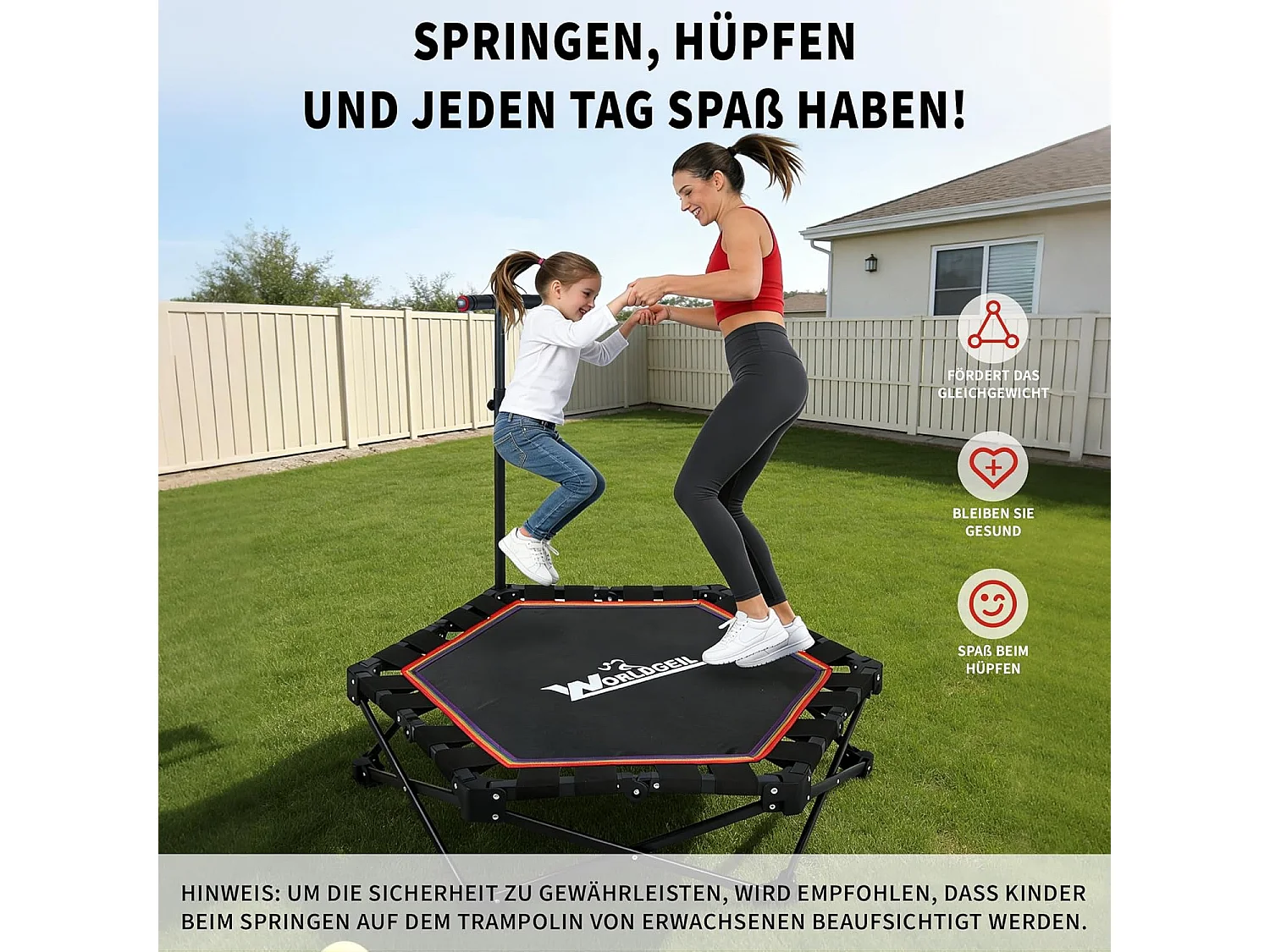 Nettlife Trampoline d'Intérieur Pliable - Mini Trampoline Fitness avec Poignée Réglable - Charge 150 kg - Ø 86.5 cm - Pour Adultes et Enfants - Maison