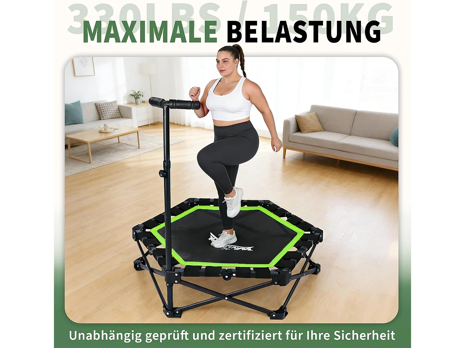 Nettlife Trampoline d'Intérieur Pliable - Mini Trampoline Fitness avec Poignée Réglable - Charge 150 kg - Ø 89 cm - Pour Adultes et Enfants - Maison