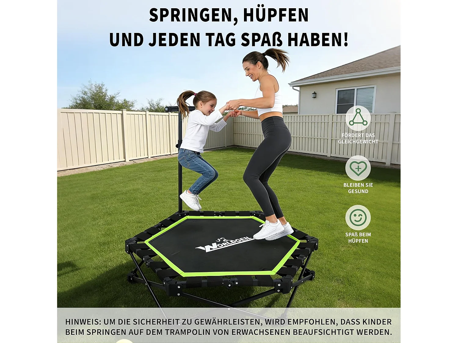 Nettlife Trampoline d'Intérieur Pliable - Mini Trampoline Fitness avec Poignée Réglable - Charge 150 kg - Ø 89 cm - Pour Adultes et Enfants - Maison