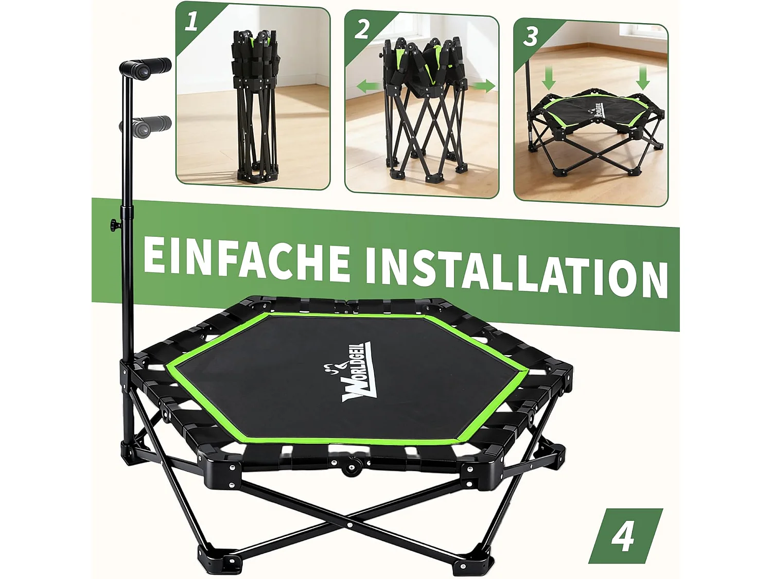 Nettlife Trampoline d'Intérieur Pliable - Mini Trampoline Fitness avec Poignée Réglable - Charge 150 kg - Ø 89 cm - Pour Adultes et Enfants - Maison