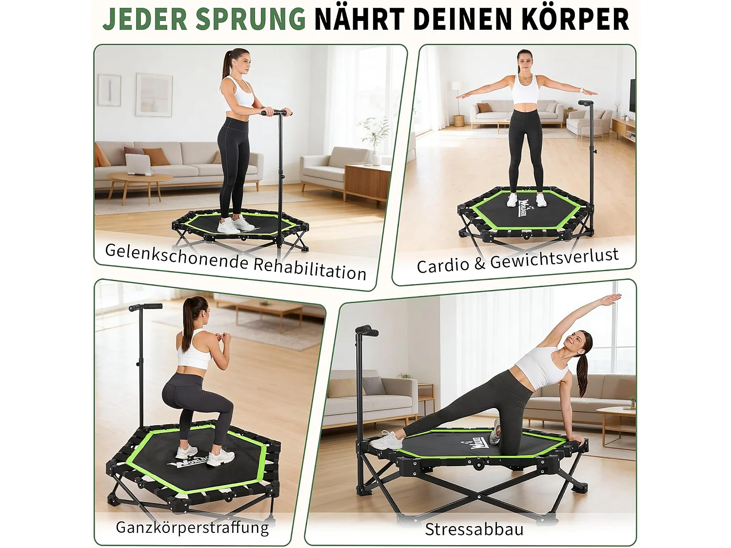 Nettlife Trampoline d'Intérieur Pliable - Mini Trampoline Fitness avec Poignée Réglable - Charge 150 kg - Ø 89 cm - Pour Adultes et Enfants - Maison