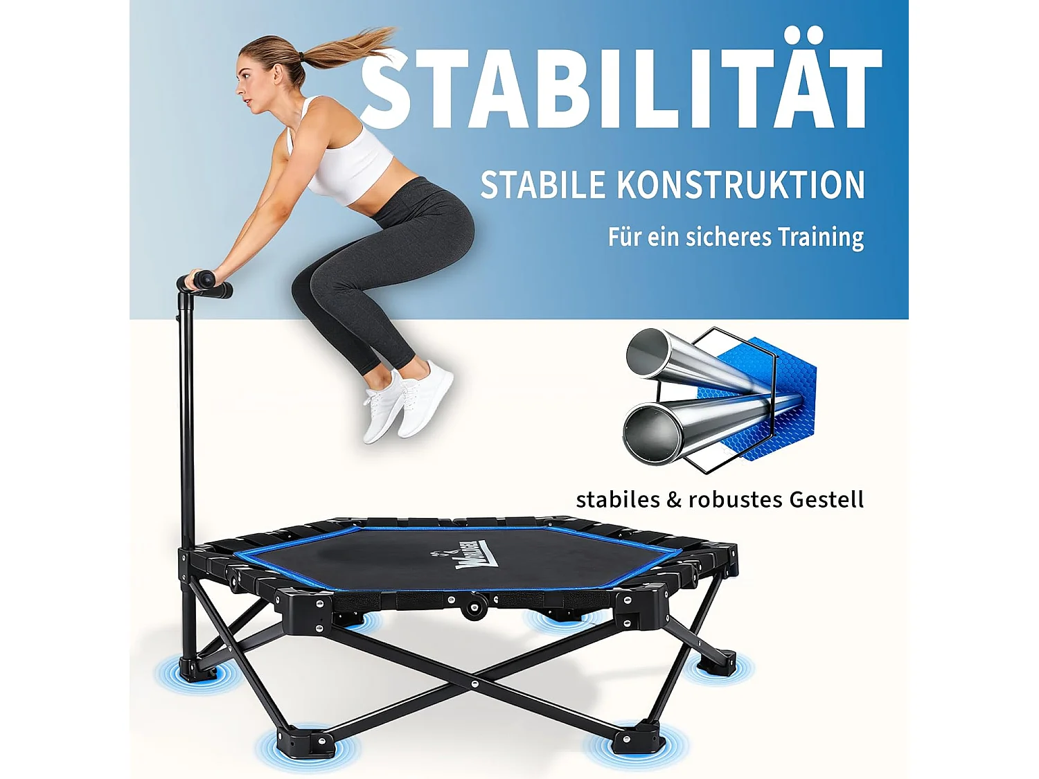 Nettlife Trampoline d'Intérieur Pliable - Mini Trampoline Fitness avec Poignée Réglable - Charge 150 kg - Ø 89 cm - Pour Adultes et Enfants - Maison