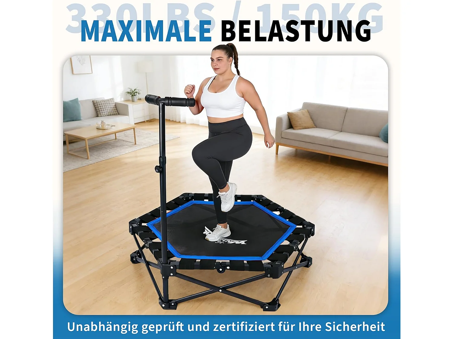 Nettlife Trampoline d'Intérieur Pliable - Mini Trampoline Fitness avec Poignée Réglable - Charge 150 kg - Ø 89 cm - Pour Adultes et Enfants - Maison
