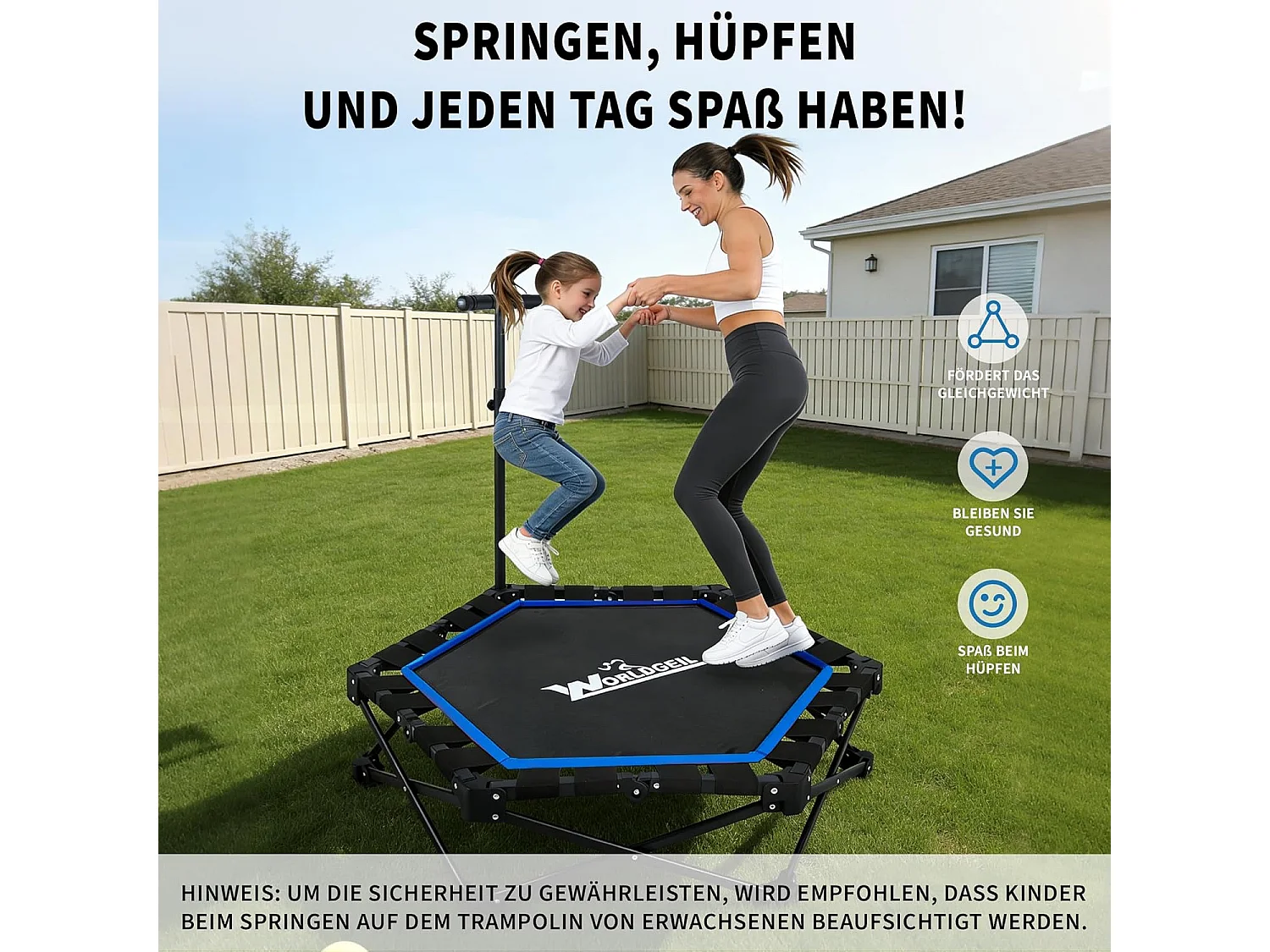 Nettlife Trampoline d'Intérieur Pliable - Mini Trampoline Fitness avec Poignée Réglable - Charge 150 kg - Ø 89 cm - Pour Adultes et Enfants - Maison