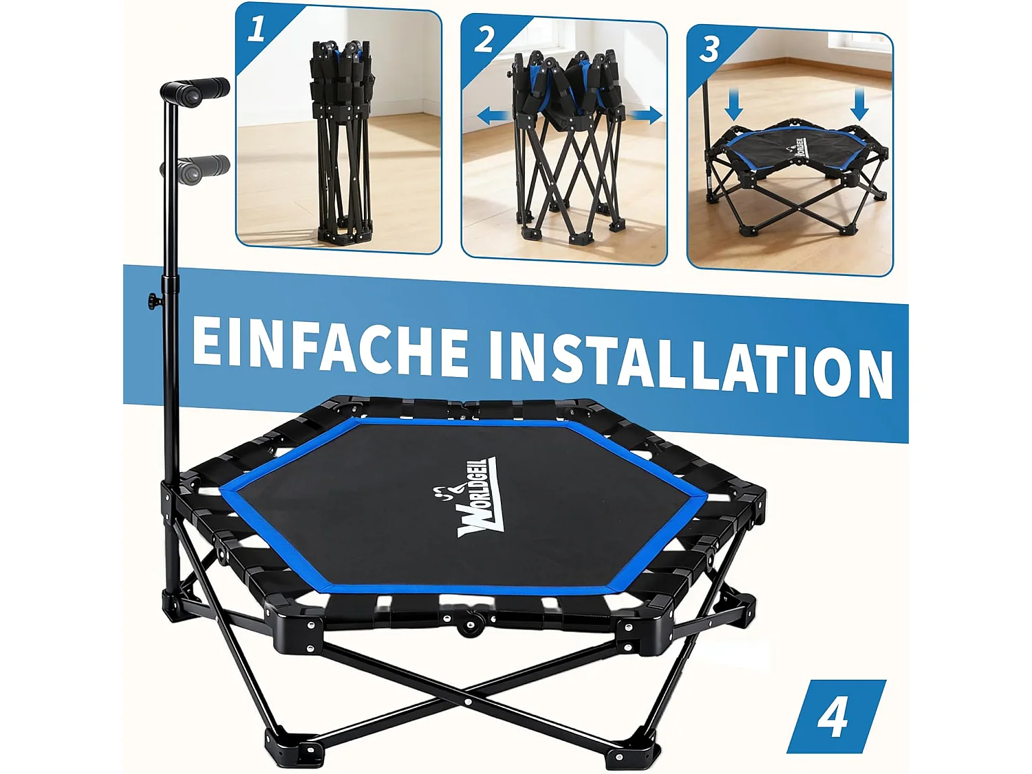 Nettlife Trampoline d'Intérieur Pliable - Mini Trampoline Fitness avec Poignée Réglable - Charge 150 kg - Ø 89 cm - Pour Adultes et Enfants - Maison