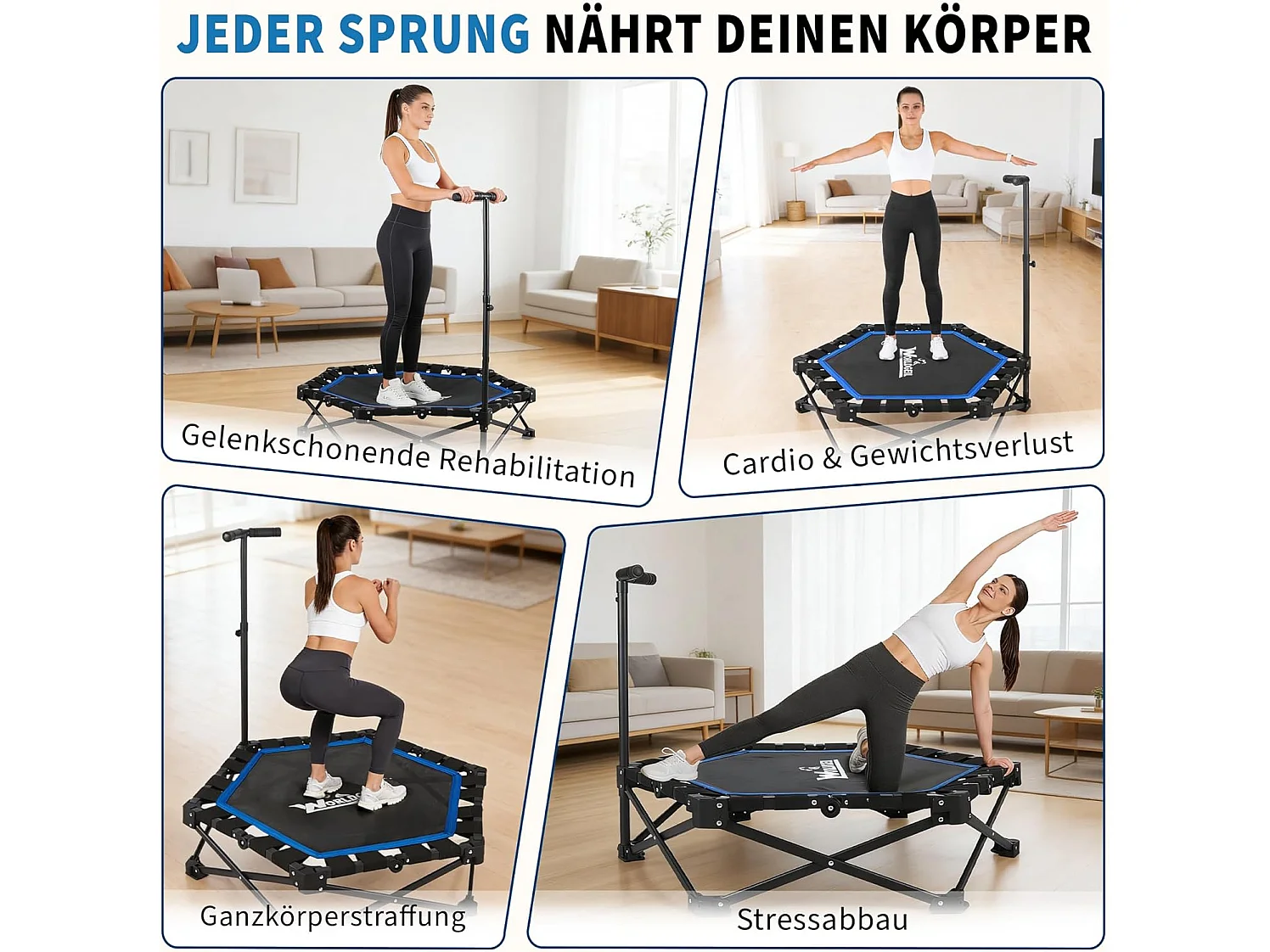 Nettlife Trampoline d'Intérieur Pliable - Mini Trampoline Fitness avec Poignée Réglable - Charge 150 kg - Ø 89 cm - Pour Adultes et Enfants - Maison