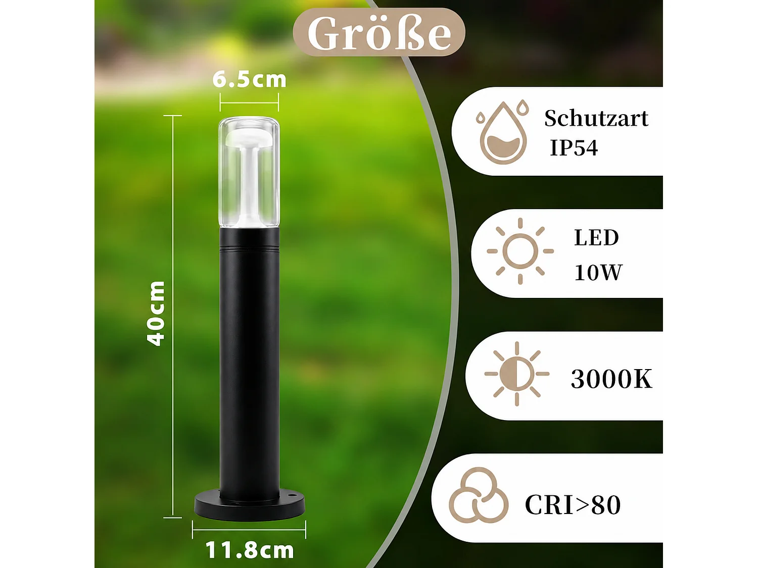 NETTLIFE Poste LED Exterior IP65 Impermeable 40cm, Luminaria de Jardín Negro 10W 3000K Blanco Cálido, Lámpara de Camino para Terraza Balcón Patio Césped