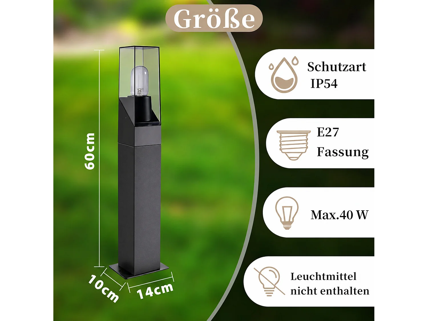 NETTLIFE Poste Luminoso Exterior LED IP65 60cm Negro, Lámpara de Jardín E27 Impermeable, Iluminación de Camino para Entrada Césped Patio, Moderno MAX 40W