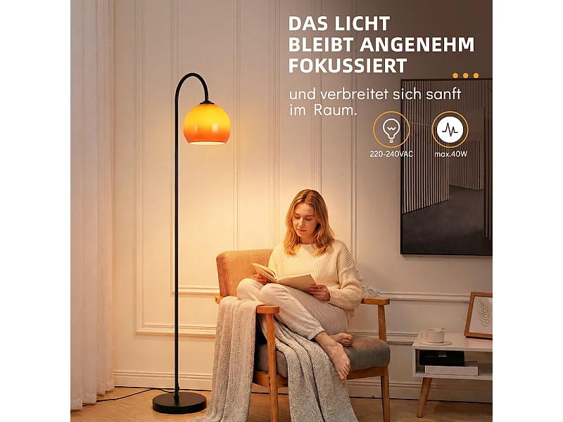 NETTLIFE Lampe sur Pied Arc en Verre Orange, Éclairage Ambiant Doux, Interrupteur au Pied, Base Stable, E27, Max 40W