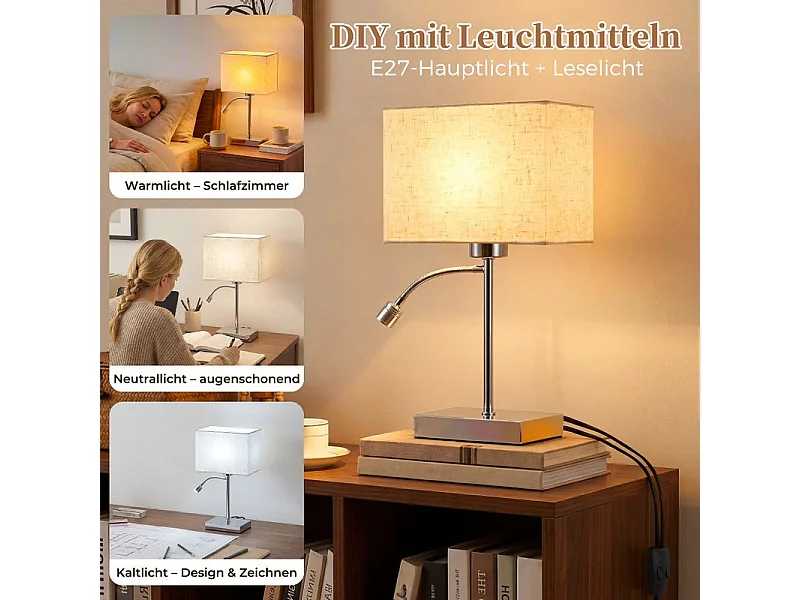NETTLIFE Lámpara de Mesa E27 con Pantalla de Tela, Brazo Orientable 360° para Salón / Hotel