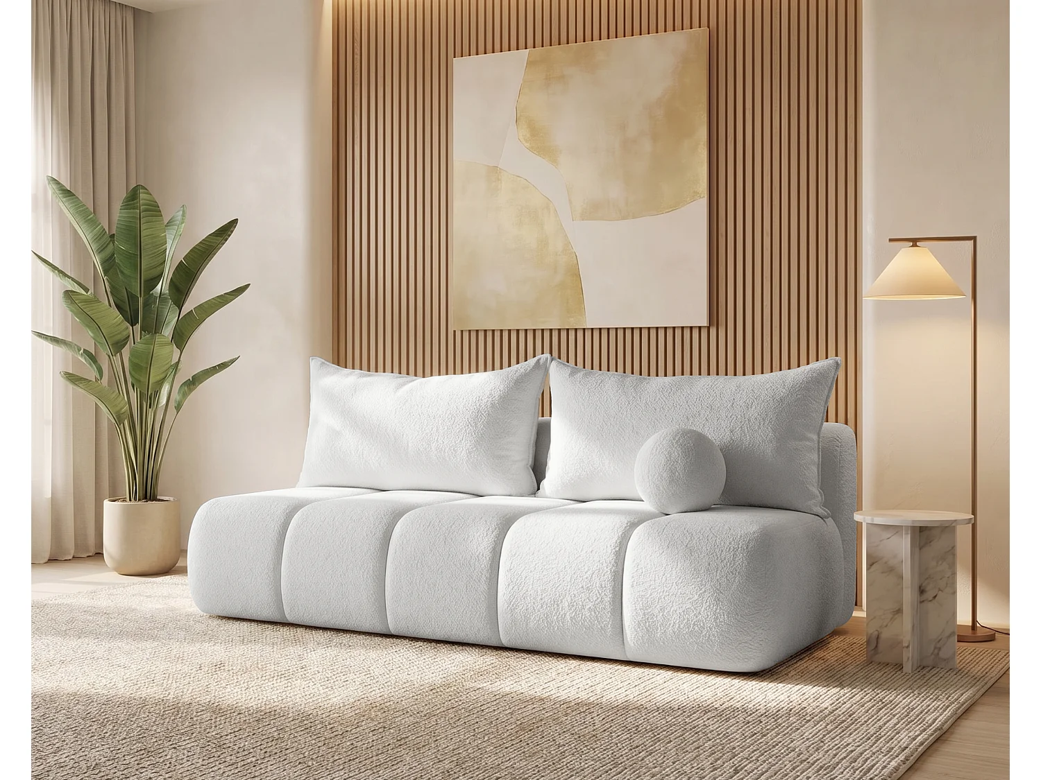 BESILIO Canapé arrondi convertible Glomi – tissu bouclé, canapé avec fonction lit – Gris clair