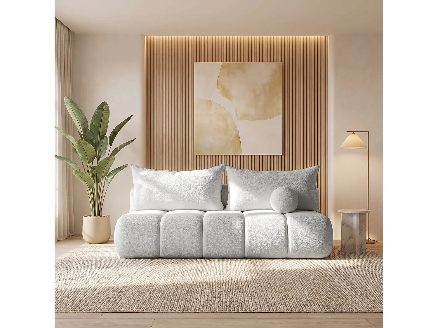 BESILIO Canapé arrondi convertible Glomi – tissu bouclé, canapé avec fonction lit – Gris clair