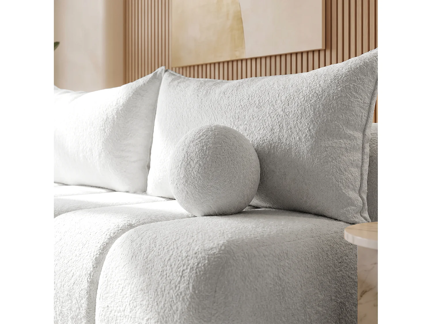 BESILIO Canapé arrondi convertible Glomi – tissu bouclé, canapé avec fonction lit – Gris clair