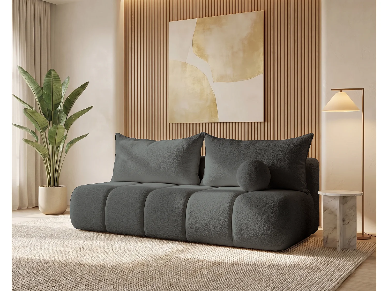 BESILIO Canapé arrondi convertible Glomi – tissu bouclé, canapé avec fonction lit – Gris foncé