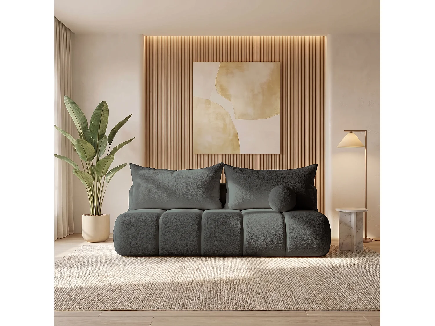 BESILIO Canapé arrondi convertible Glomi – tissu bouclé, canapé avec fonction lit – Gris foncé