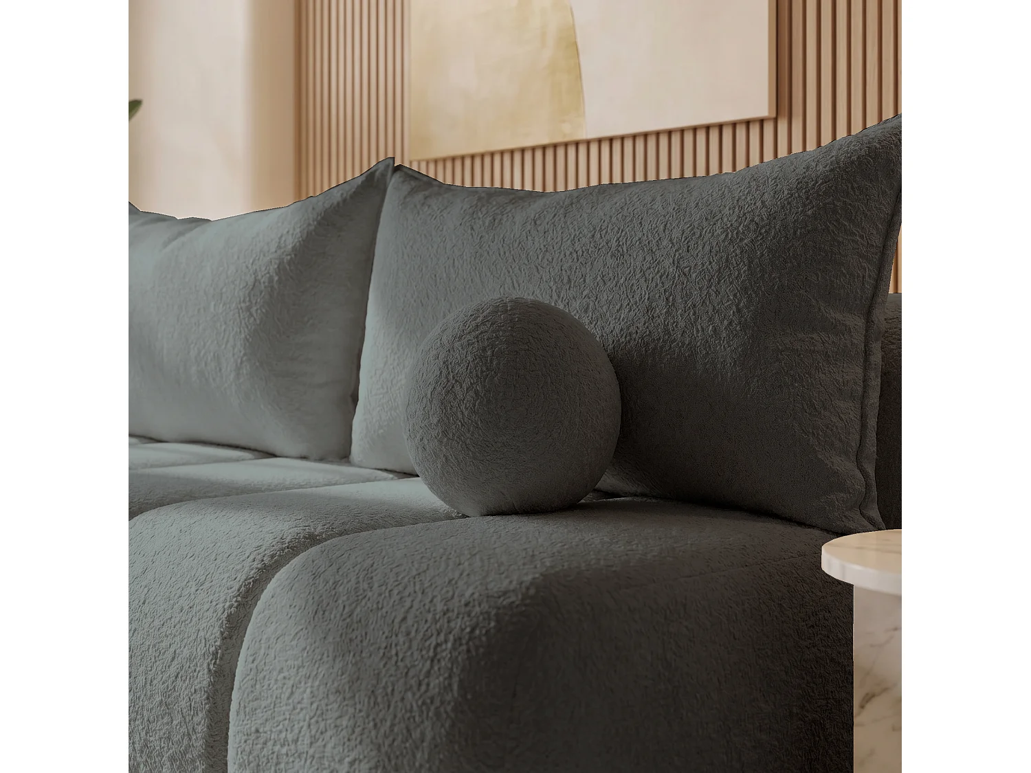 BESILIO Canapé arrondi convertible Glomi – tissu bouclé, canapé avec fonction lit – Gris foncé