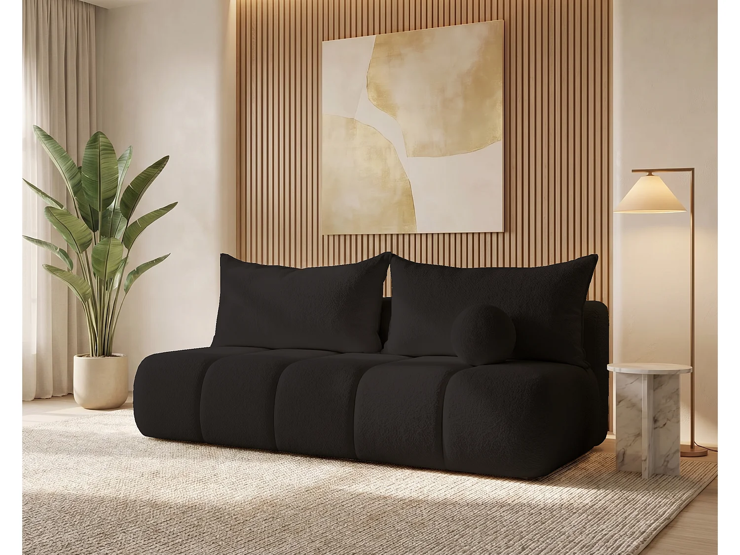 BESILIO Canapé arrondi convertible Glomi – tissu bouclé, canapé avec fonction lit – Noir