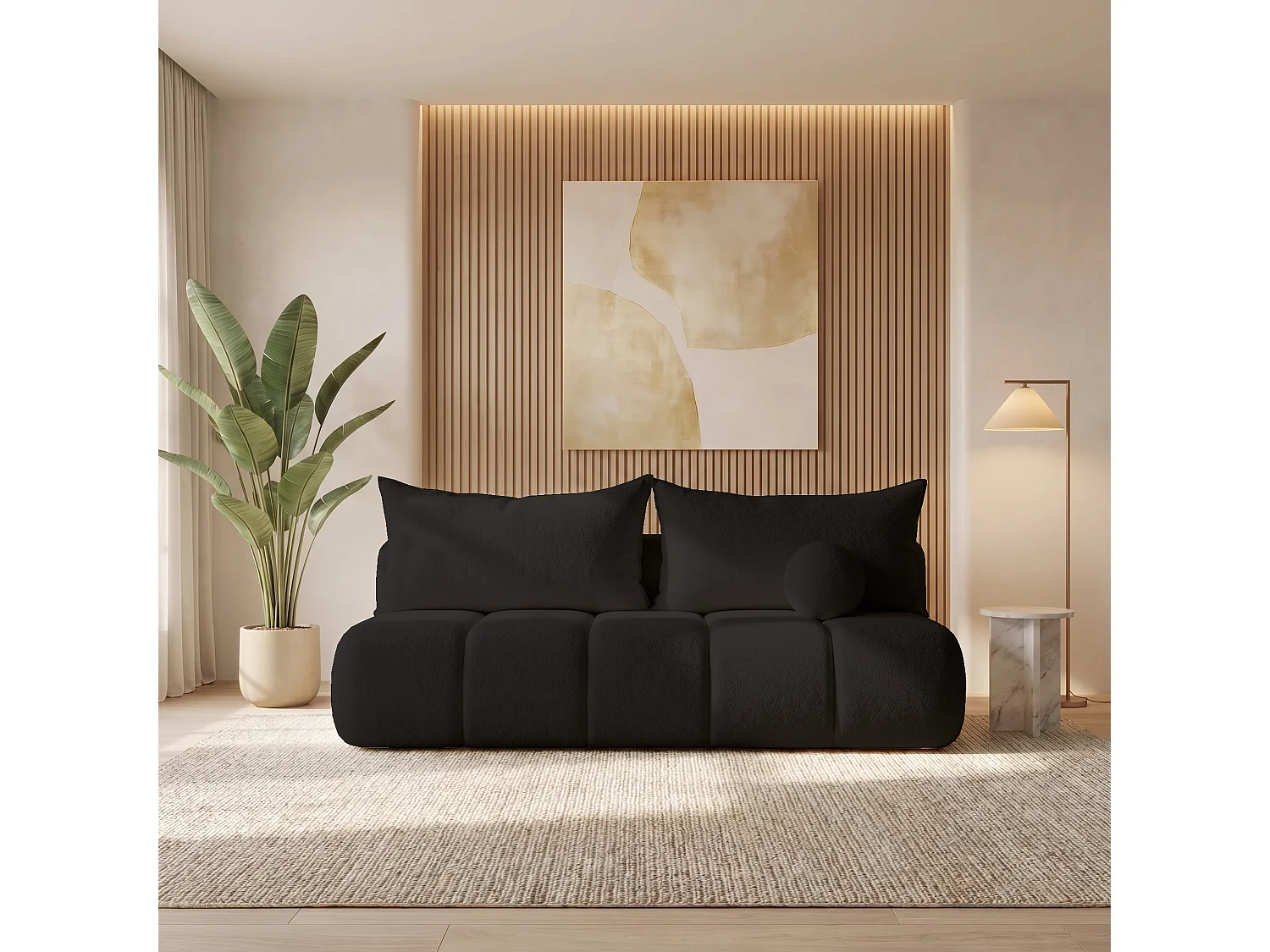 BESILIO Canapé arrondi convertible Glomi – tissu bouclé, canapé avec fonction lit – Noir