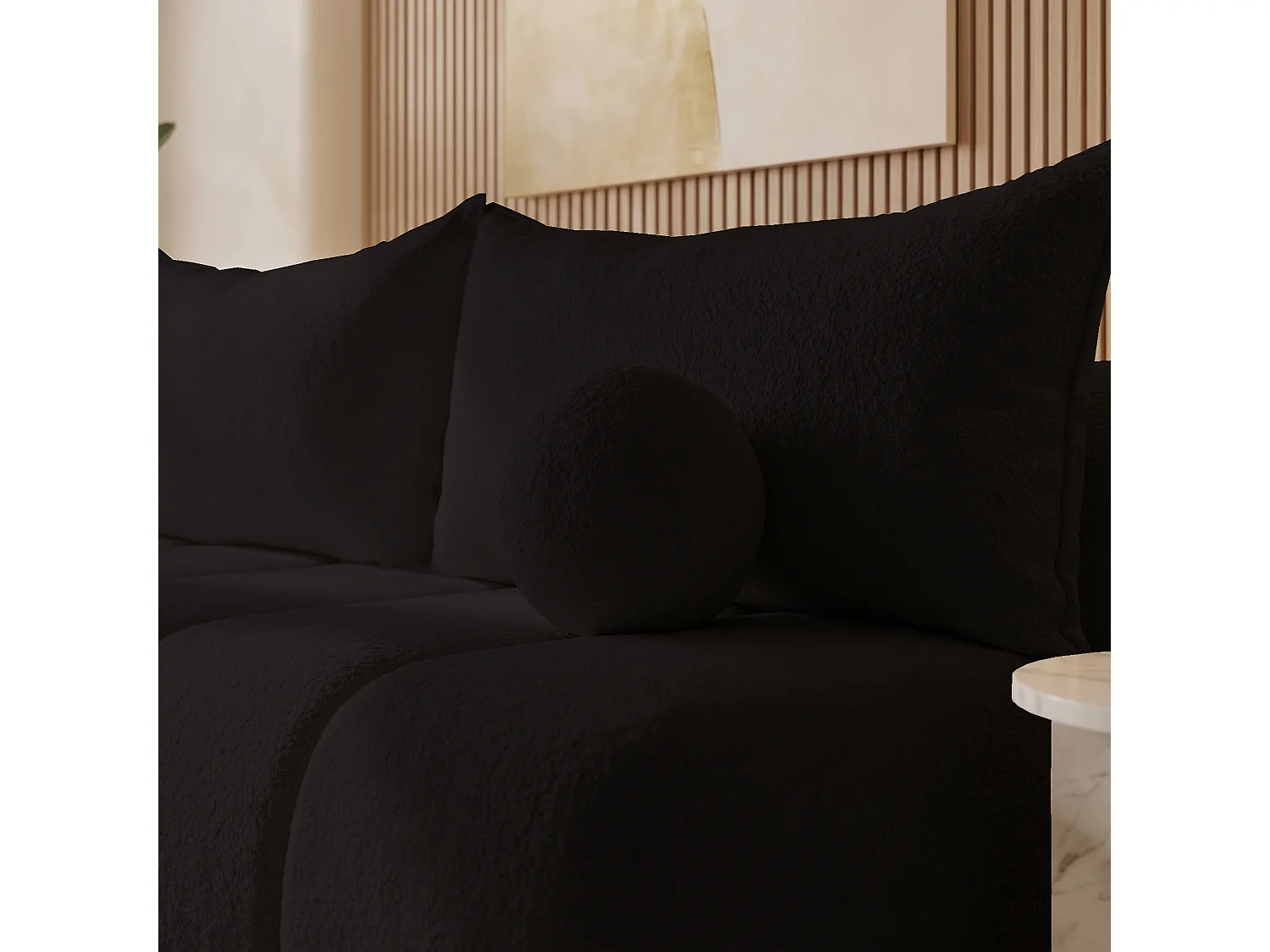 BESILIO Canapé arrondi convertible Glomi – tissu bouclé, canapé avec fonction lit – Noir