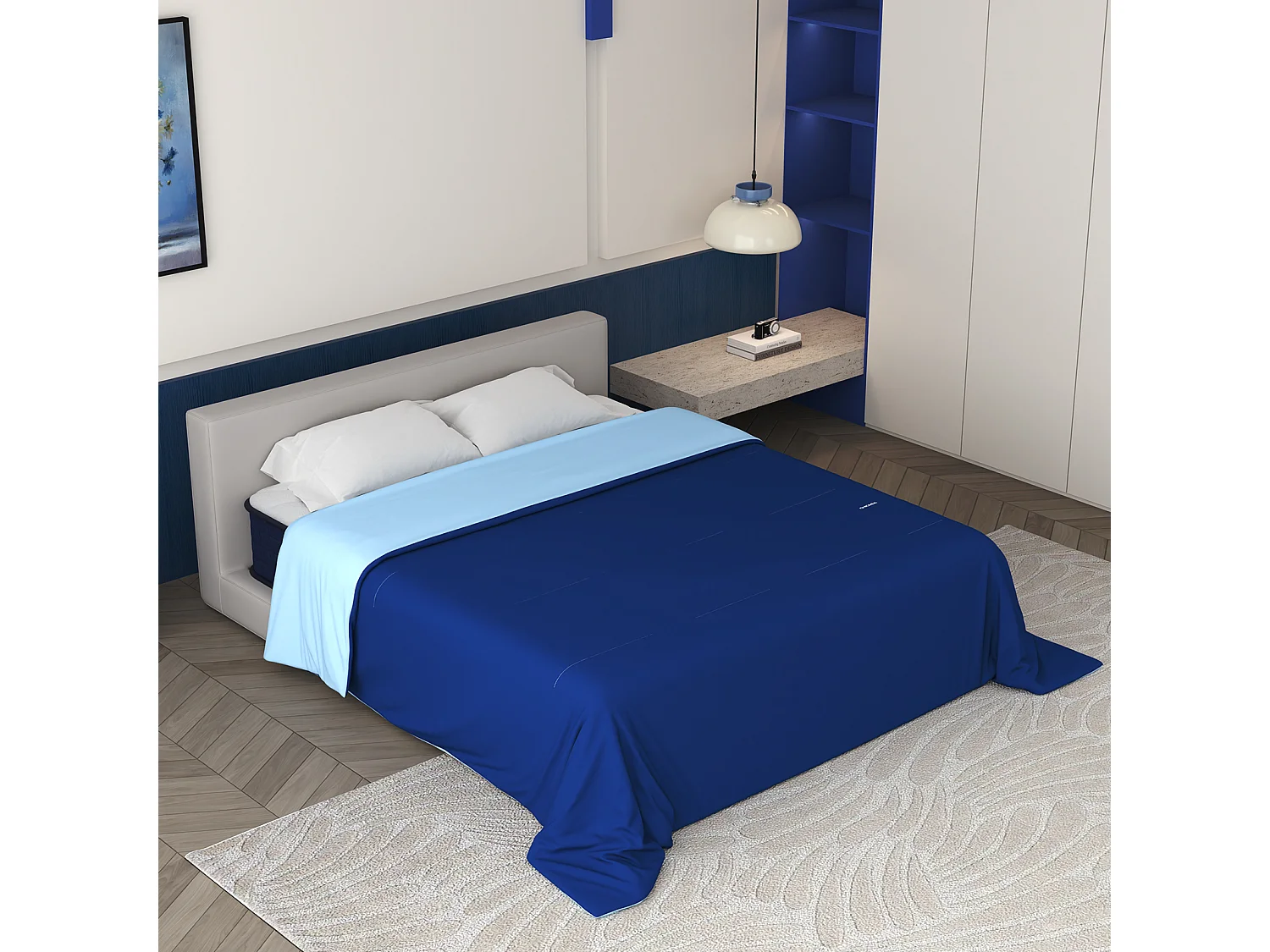 CHICASA Couette légère à technologie rafraîchissante, 155×220 cm, antibactérienne et lavable, couleur bleu