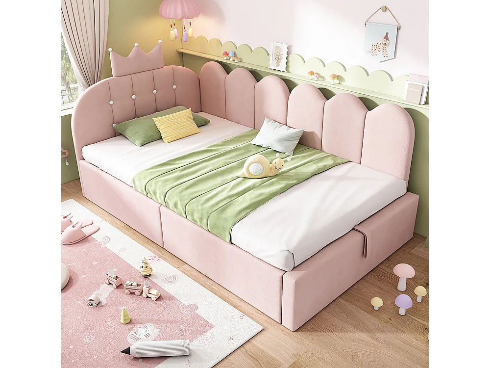 Lit simple rembourré 90 x 190 cm, Canapé-lit avec hydraulique rangement, Lit enfant avec couronne, sommier à lattes, velours rose, sans matelas