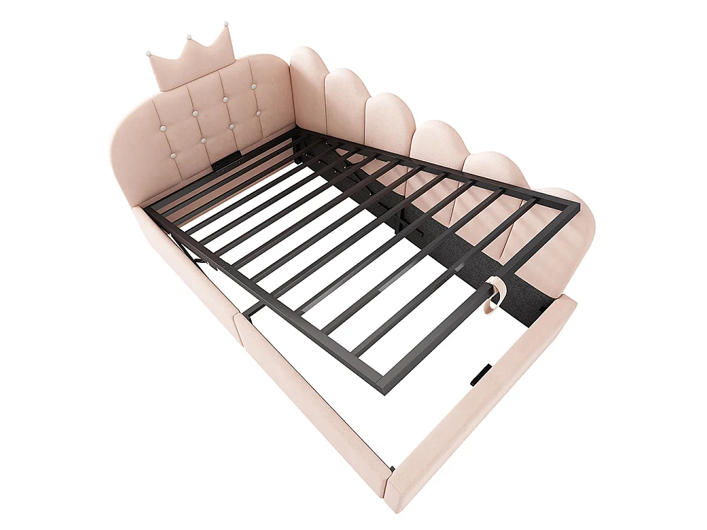 Lit simple rembourré 90 x 190 cm, Canapé-lit avec hydraulique rangement, Lit enfant avec couronne, sommier à lattes, velours rose, sans matelas