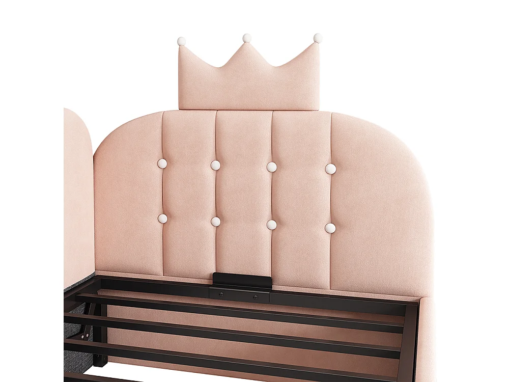 Lit simple rembourré 90 x 190 cm, Canapé-lit avec hydraulique rangement, Lit enfant avec couronne, sommier à lattes, velours rose, sans matelas