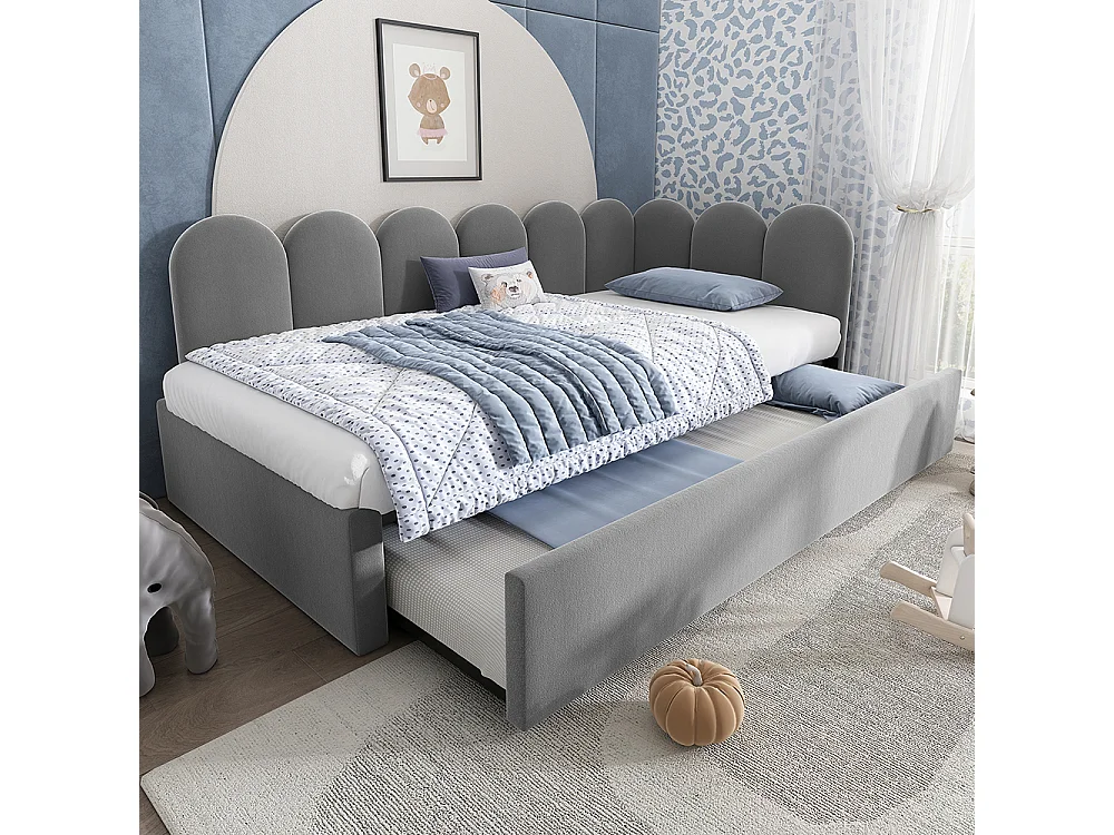 Lit simple rembourré 90 x 200 cm, Canapé-lit avec lit gigogne 90 x 190 cm, Lit enfant avec sommier à lattes, Velours, Gris, Sans matelas
